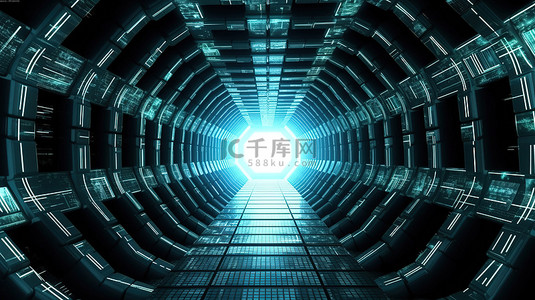 蓝色宇宙背景背景图片_具有水平矩阵网格的空间隧道的 3d 渲染
