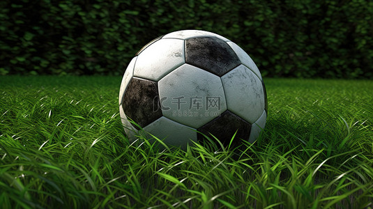 足球在郁郁葱葱的绿草上休息的 3d 渲染