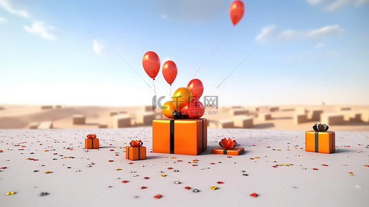 彩色气球礼盒背景图片_节日礼物寻找彩色气球和圣诞购物的浮动礼物 3D 渲染，具有充足的复制空间