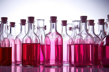 透明的瓶子背景图片_一杯红色液体放在一些透明瓶子上