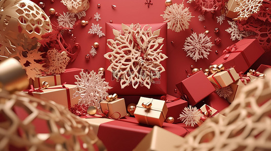 假日主题背景图片_圣诞节主题 3D 风景，展示红色和金色背景，配有雪花和装饰