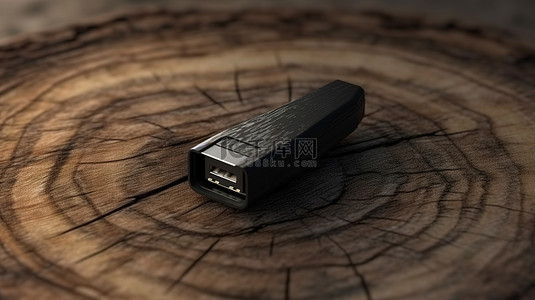 usb4背景图片_位于深色木材上的黑色 USB 驱动器的 3D 渲染