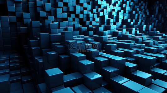 蓝背景图片_3D 视角下的超现实蓝色立方体墙