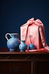 古董抽屉上有一个蓝色和粉色的大礼品袋和两个蓝色的小器皿
