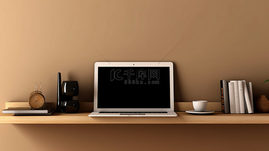 棕色桌子背景图片_垂直背景的 3D 插图，带有装有笔记本电脑的棕色架子