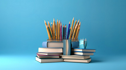 传达学习背景图片_蓝色背景，3D书籍和铅笔传达教育理念