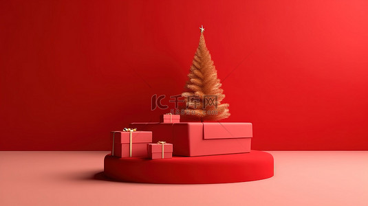 红色背景上圣诞讲台的 3D 插图，装饰着礼品盒和松树