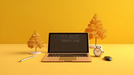 桌上办公用品背景图片_办公桌上的黄色笔记本电脑模型，带有鼠标笔记本时钟和树，在阳光明媚的背景下 3D 渲染