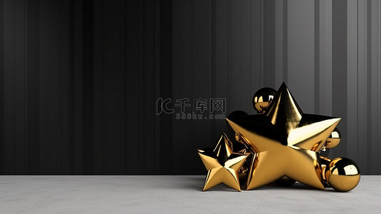 金色纹理黑色背景图片_令人惊叹的金色和黑色星星圣诞装饰的 3D 渲染