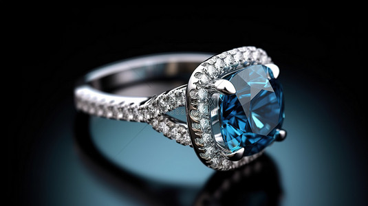 令人惊叹的 3D 渲染蓝色蓝宝石钻石戒指在孤立的背景下