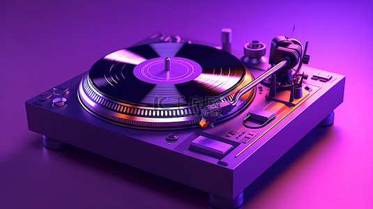 音乐专业背景图片_带有专业 dj 转盘和黑胶唱片播放器的紫色背景的 3D 渲染