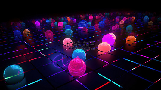随机着色的球体填充 3d 渲染的霓虹灯网格空间