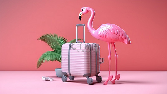 带火的背景背景图片_滚动风格 3D 插图的带轮子的手提箱充气粉红色火烈鸟和棕榈叶