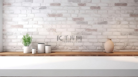条纹板背景图片_砖墙厨房柜台上未占用的前视大理石台面的 3D 渲染