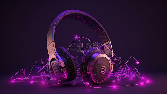 音符和几何形状美化了 3D 渲染耳机中的紫色背景