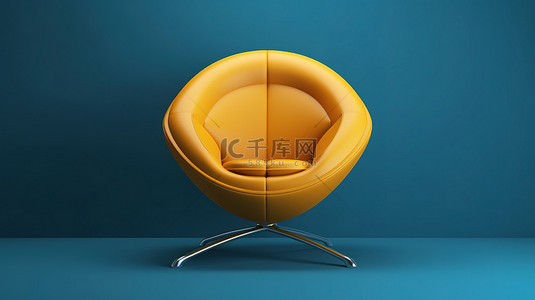 时尚的黄色皮革椭圆形椅子，采用现代设计，以蓝色背景 3D 渲染为背景