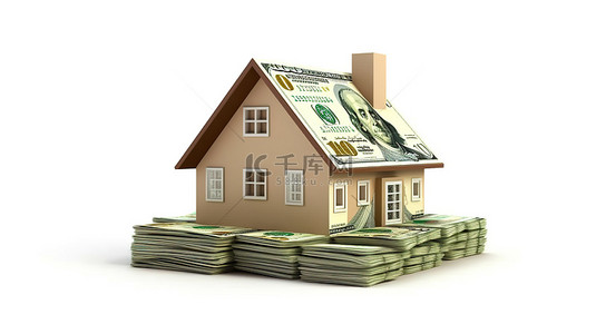 球员背景图片_白色背景上的房子和金钱的 3d 渲染