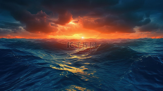 在深蓝色海洋 3D 插图中的橙色日落光下，鸟瞰海上汹涌的风暴