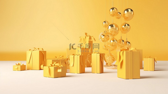 潦草的圣诞树挂在 3D 渲染的礼品盒上，上面有金色的快乐表情符号和空白空间