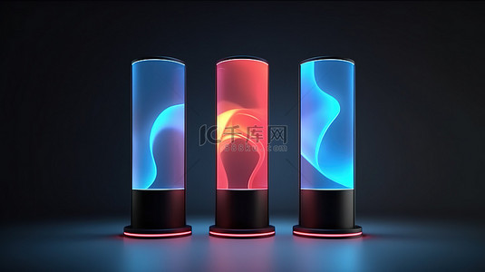 广告海报的设计背景图片_贸易展览广告站的 3D 渲染，具有展示横幅立柱背景和带柜台的照明 LED 卤素灯