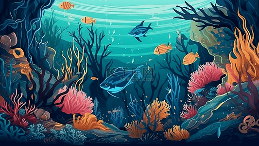 海龟海底世界背景图片_海洋世界可爱插画背景