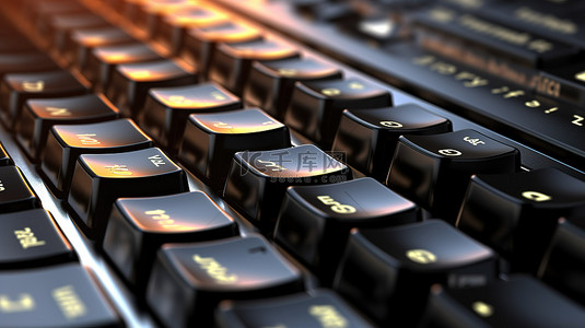 黑色键盘的 3D 渲染，按键强调象征商业和技术的信息