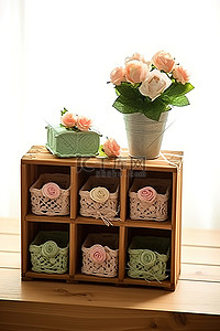 室外储物架背景图片_带有四篮玫瑰的小木制储物架