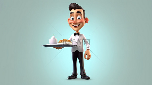 美食菜单封面背景图片_3D 卡通服务员手拿着托盘的插图