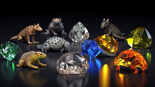 各种镶有钻石的野生动物，从蛇到自然，低多边形无缝循环的 3D 动画