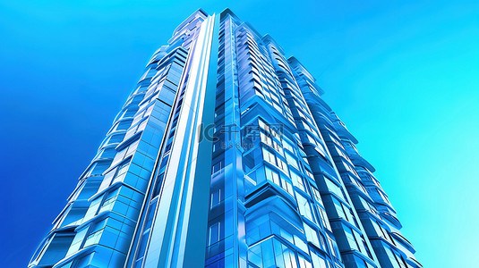 建筑奇迹 3D 渲染的天空定向摩天大楼，采用令人惊叹的蓝色渐变设计