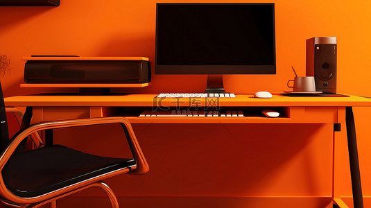 办公室背景图片_办公桌横幅上的 3D 插图充满活力的橙色电脑