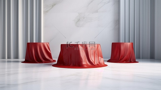 简约丝绸背景背景图片_简约红色丝绸背景上带有三个白色讲台的大理石地板的 3D 渲染