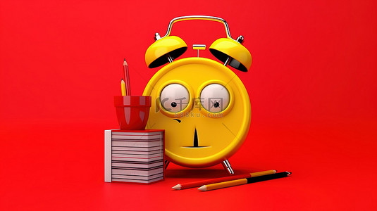 黄色卡通闹钟背景图片_欢快的闹钟吉祥物，在 3D 渲染的充满活力的黄色背景上拿着红色剪贴板记事本和铅笔