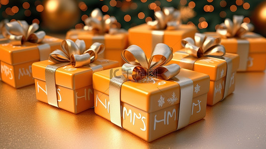 节日字样背景图片_带有“圣诞快乐”和“新年”字样的礼品盒的节日 3D 插图