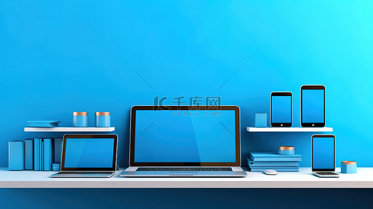 带笔记本电脑手机和数字平板电脑的蓝色墙架的 3D 插图
