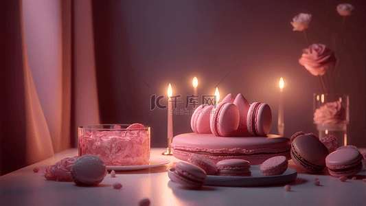 美食背景彩色背景图片_甜品马卡龙蛋糕粉色浪漫背景