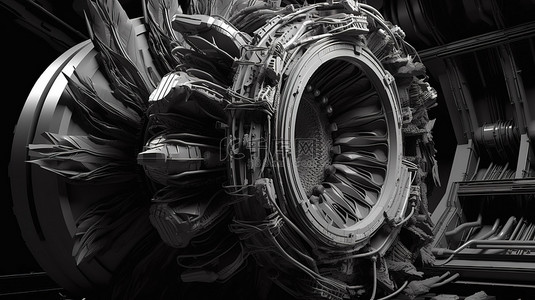 以工业涡轮喷气发动机抽象黑白艺术为特色的超现实主义 3d 背景
