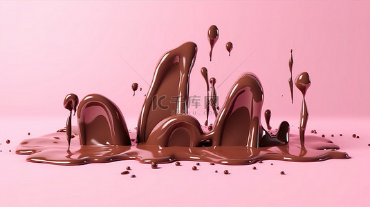 用于商业设计的粉红色背景上融化巧克力的卡通风格 3D 插图