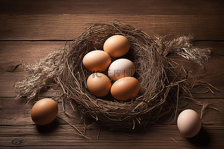 巢背景图片_鸡蛋在木质表面的巢中