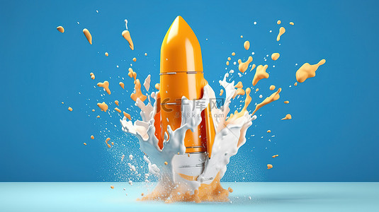 牛奶流体背景图片_牛奶飞溅和火箭升空的 3D 插图