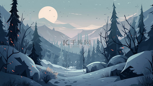 冬季水墨插画背景图片_雪松雪山夜晚月亮背景