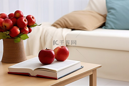桌子上的书籍背景图片_白色附近桌子上的书籍和红苹果