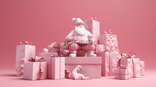 圣诞老人派对背景图片_圣诞老人在 3D 渲染的粉红色环境中的礼物盒中放松