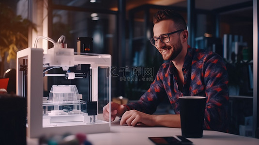 打印室背景图片_快乐的男设计师在使用 3D 打印技术时拥抱成功，笑容满面