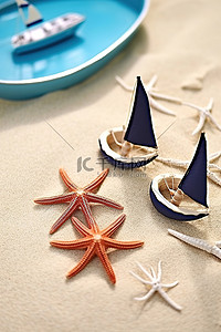 两只海星背景图片_沙滩上的两艘小船和一只海星