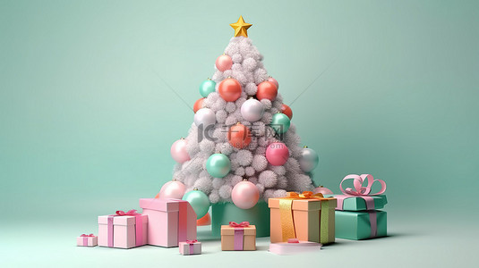 一个欢乐的节日，糖果充满的礼品盒和圣诞树在柔和的雪背景 3d 渲染