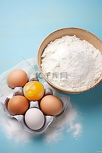 厨房简笔背景图片_鸡蛋面粉糖香料黄油和鸡蛋放在篮子里