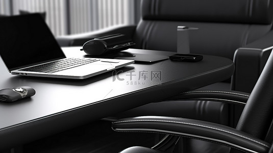 黑色皮革背景图片_白色桌子上黑色皮革办公椅和笔记本电脑的特写，以 3D 渲染描绘现代工作场所概念