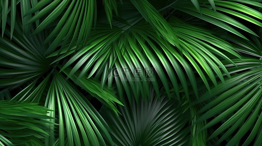 3d 花卉图案背景上热带绿色棕榈树郁郁葱葱的叶子