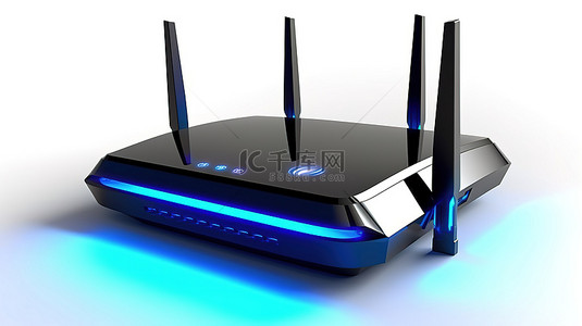 3D 渲染的白色背景显示带有发光蓝色信号箭头的现代 WiFi 路由器